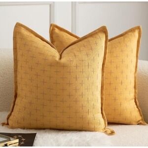 Mandioo Yellow Burlap Linen Throw Pillow Covers 26x26 Set of 2 Cross Pattern NEW